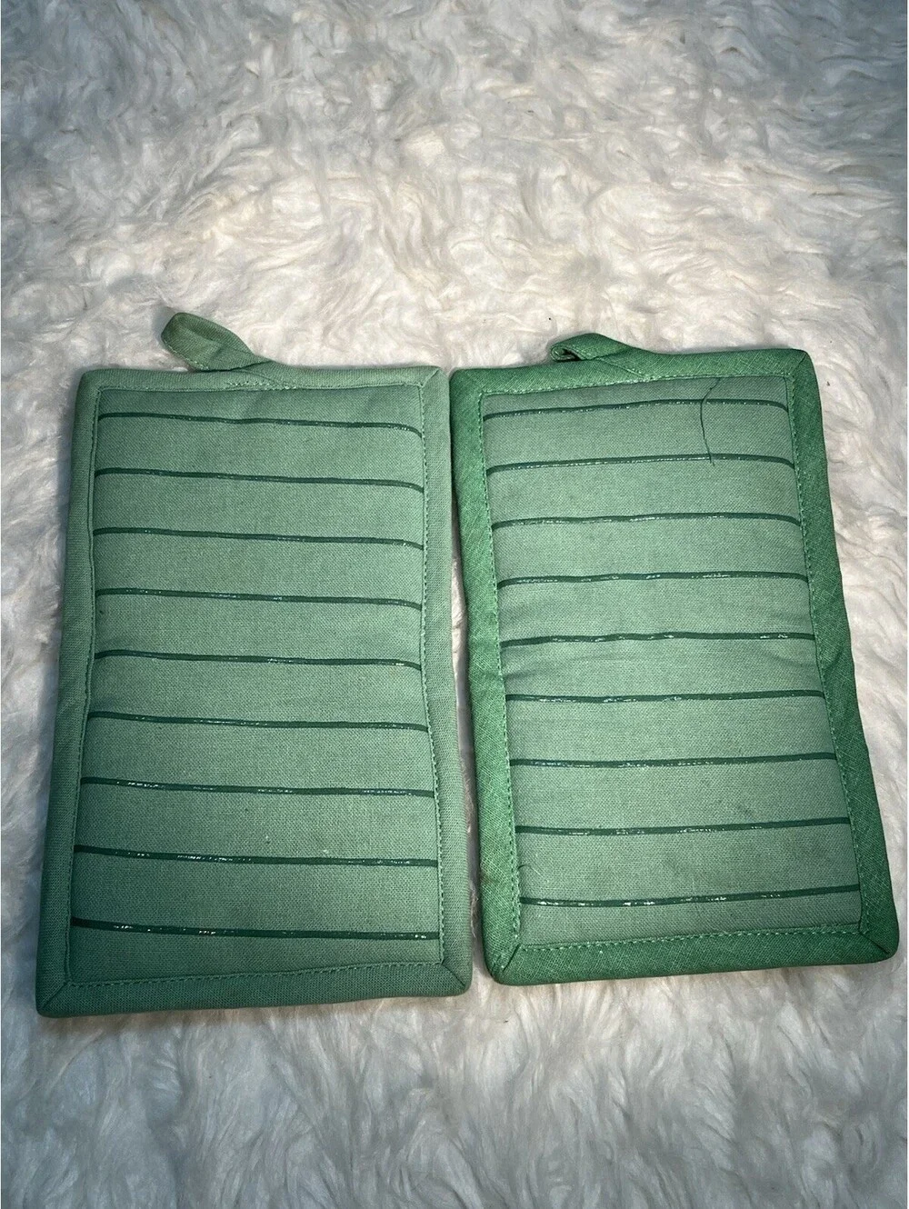 2 Green With White Stripes Pot Holders